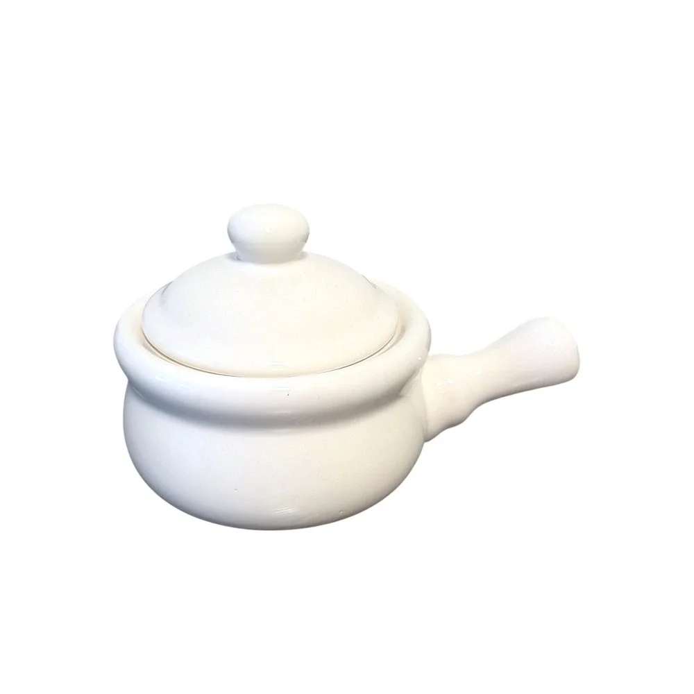 Vintage White Ceramic French Onion Soup Crock Bowl Lid Handle Chili Pot Bowl